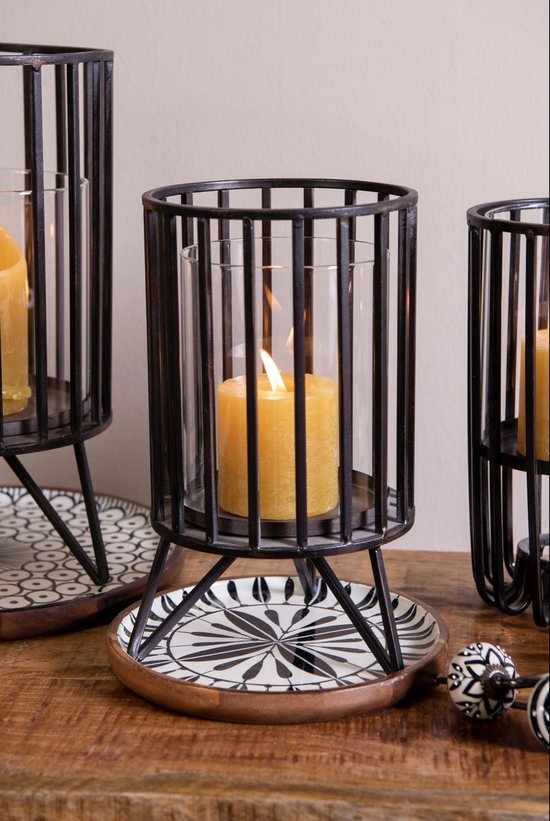 Clayre & Eef Windlicht Ø 14*25 cm Zwart Metaal Rond Kaarsenhouder Sfeerverlichting