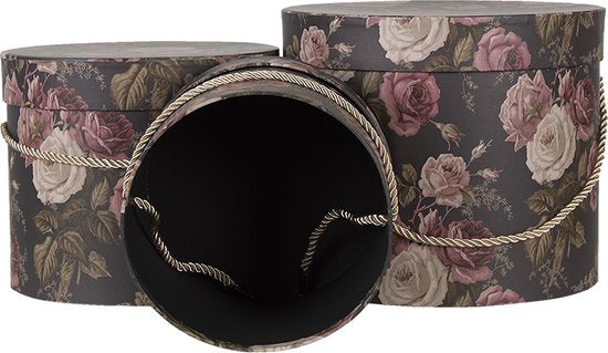 Clayre & Eef Hoedendoos Set van 3 Ø 23*20  cm Zwart Karton Bloemen Opbergdoos
