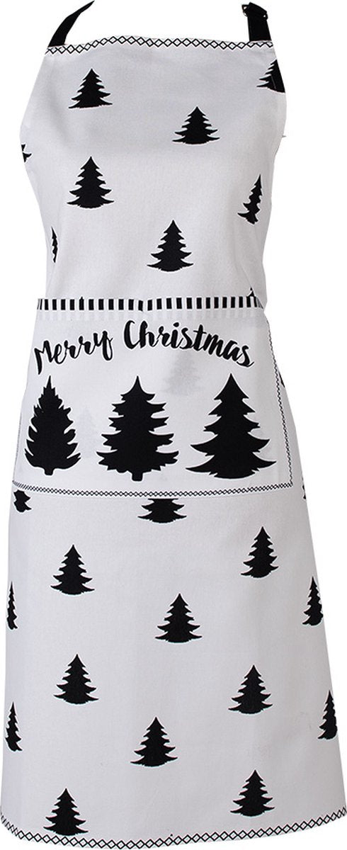 Clayre & Eef Keukenschort 70x85 cm Wit Zwart Katoen Kerstboom Merry Christmas BBQ Schort