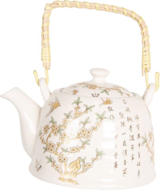 Clayre & Eef Theepot met Filter 800 ml Beige Bruin Porselein Rond Bloemen Theekan Cadeau voor haar Chinese Theepot