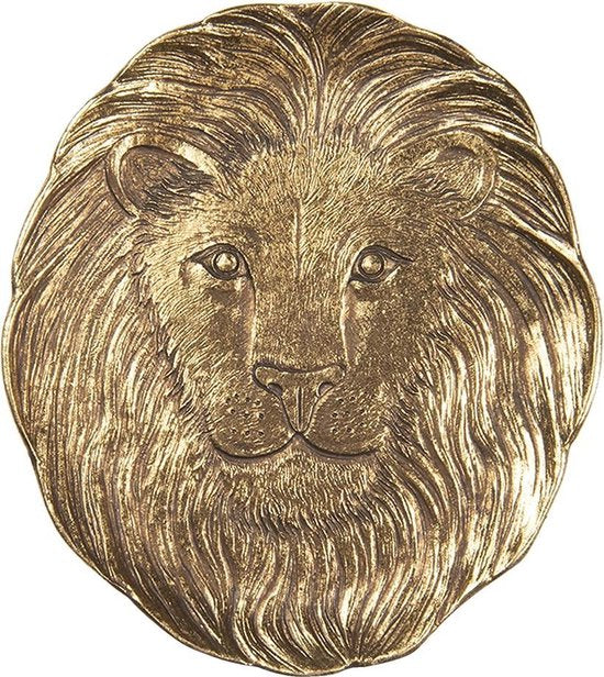 Clayre & Eef Decoratief Dienblad Leeuw 14*1*14 cm Goudkleurig Polyresin Rond Serveerschaal