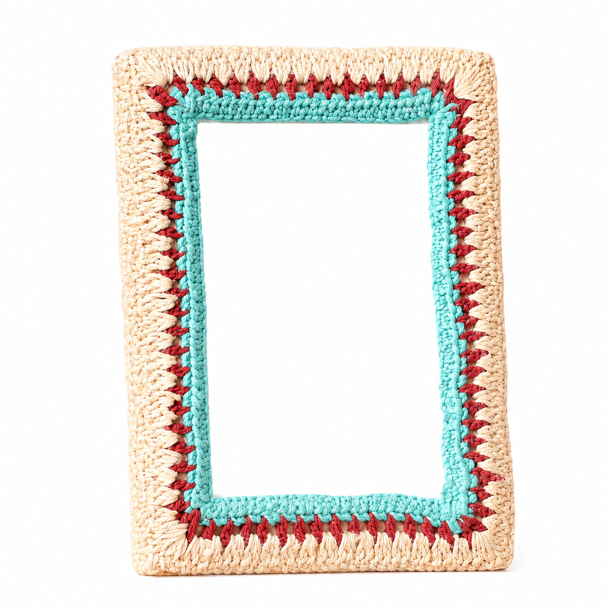 Treasure Hunt Fotolijst 10x15 cm – Boho Fotokader met Gehaakte en Geborduurde Rand – Aqua/Naturel/Multi-colour