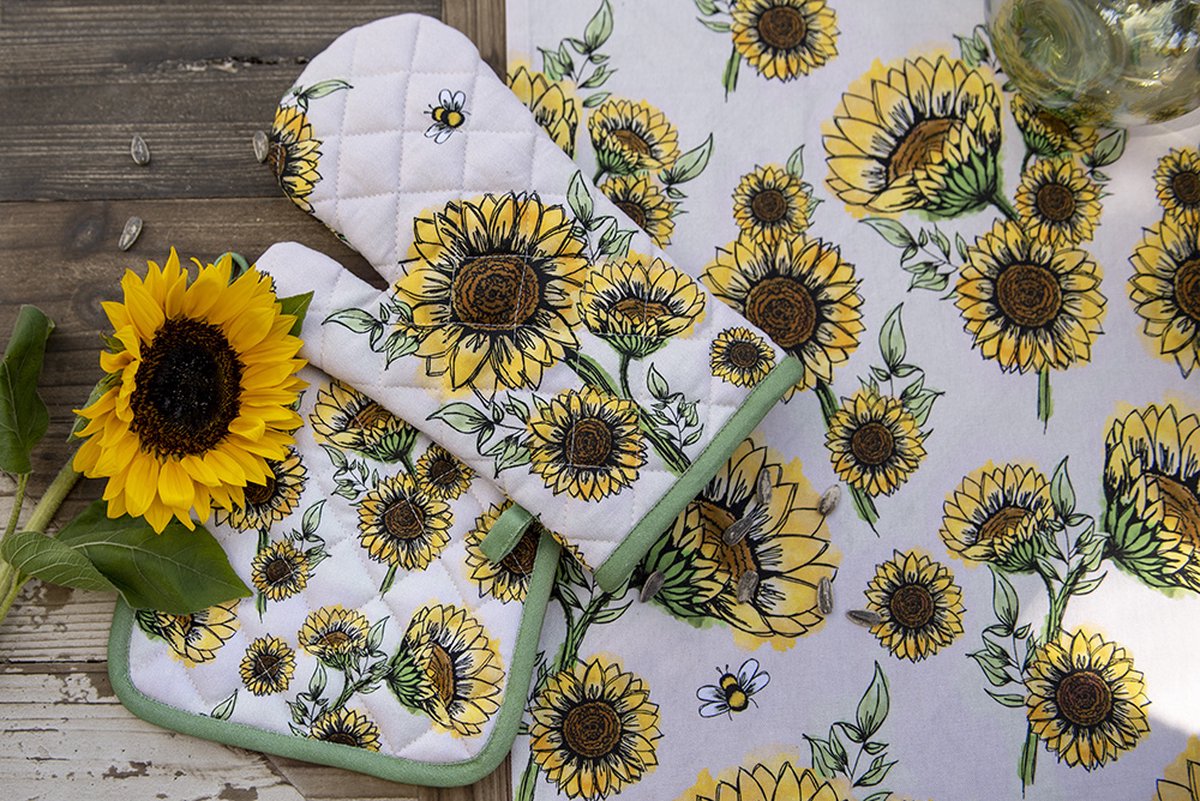 Clayre & Eef Theedoek 50x70 cm Beige Geel Katoen Zonnebloemen Keukenhanddoek Keukendoek Vaatdoek