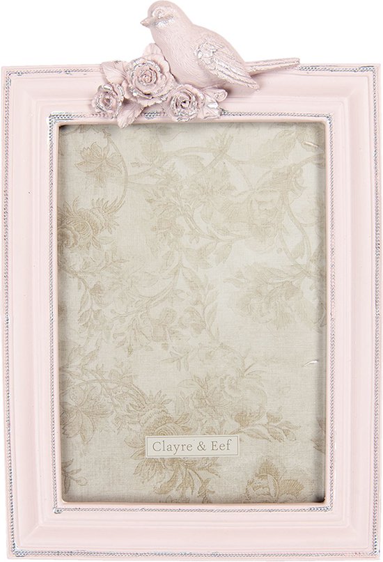 Clayre & Eef Fotolijst 16*3*24 cm / 13*18 cm Roze Kunststof, Glas Rechthoek Vogel op tak Fotokader Wissellijst Foto Frame