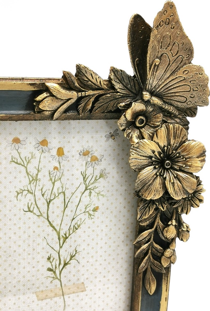 Clayre & Eef Fotolijst 10x15 cm Groen Goudkleurig Kunststof Glas Bloemen Fotokader
