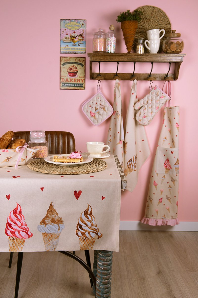 Clayre & Eef Theedoek 50x70 cm Beige Roze Katoen Rechthoek Ijsjes Keukenhanddoek