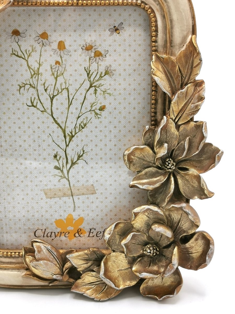 Clayre & Eef Fotolijst 10x15 cm Goudkleurig Kunststof Glas Bloemen Fotokader