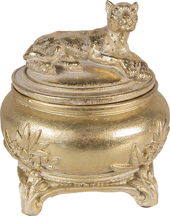 Clayre & Eef Sieradendoos Luipaard Ø 13x14 cm Goudkleurig Kunststof Juwelendoos Sieraden box Sieradenkist