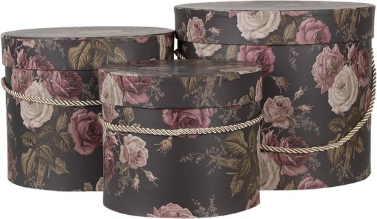 Clayre & Eef Hoedendoos Set van 3 Ø 23*20  cm Zwart Karton Bloemen Opbergdoos