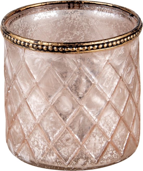 Clayre & Eef Glazen Theelichthouder Ø 10*10 cm Bruin Glas, Metaal Rond Waxinelichthouder Windlichthouder