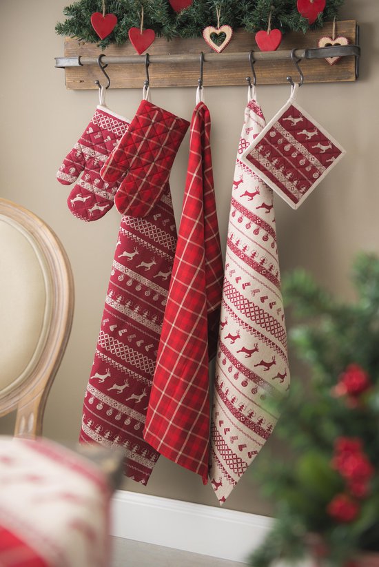 Clayre & Eef Keukenschort 70*85 cm Rood Beige Katoen kerst BBQ Schort Cadeau voor haar Kookschort
