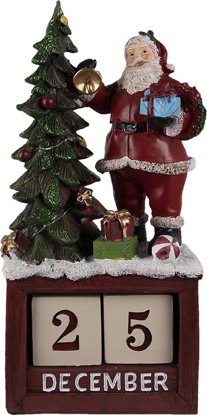 Clayre & Eef Kerstdecoratie Beeld Kerstman 16*10*34 cm Rood Groen Wit Kunststof Kalender Decoratief Figuur Decoratieve Accessoires Woonaccessoires