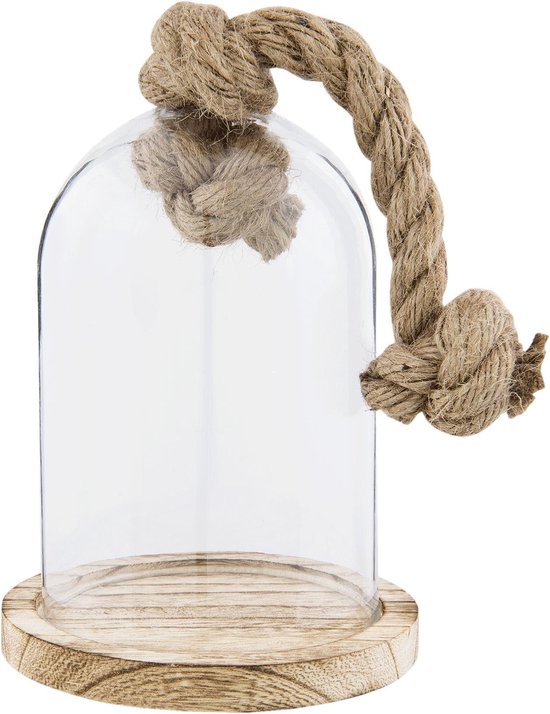 Clayre & Eef Stolp Ø 12*16 cm Transparant Hout, Glas Rond Touw Glazen Stolp Stolp op Voet