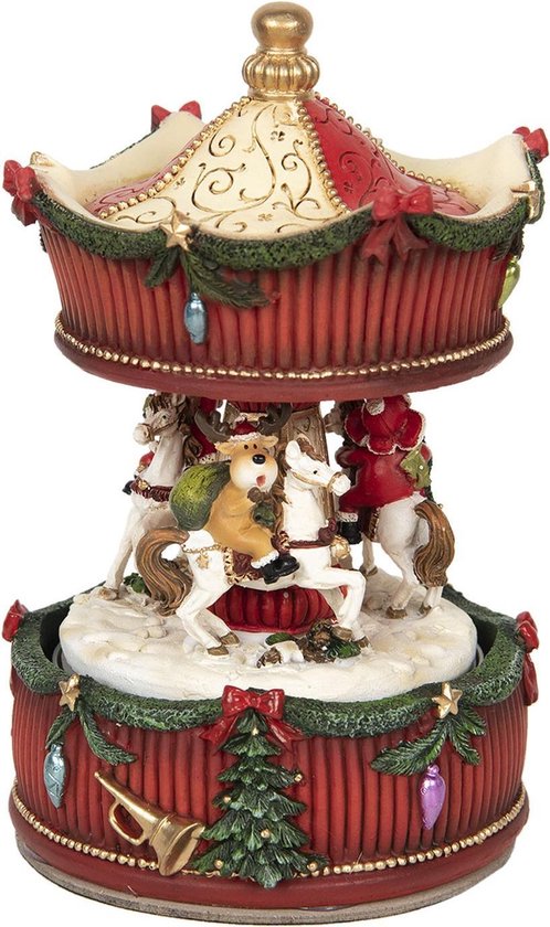 Clayre & Eef Muziekdoos Draaimolen Ø 11*17 cm Rood Kunststof Kerstdecoratie Beeld Decoratief Figuur Decoratieve Accessoires