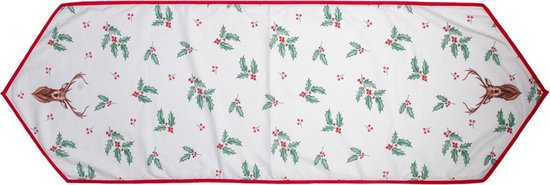 Clayre & Eef Tafelloper Kerst 50*160 cm Wit Rood Groen Katoen Rechthoek Hulstblaadjes, Herthoofd Tafelkleed Loper Tafeltextiel