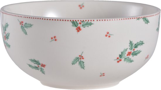 Clayre & Eef Soepkom Ø 14*7 cm Creme Keramiek Rond Hulstblaadjes Serveerkom Kommen Rijstkom
