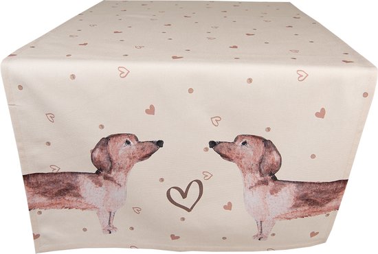 Clayre & Eef Tafelloper 50x140 cm Beige Katoen Rechthoek Teckel Tafelkleed Loper Tafeltextiel