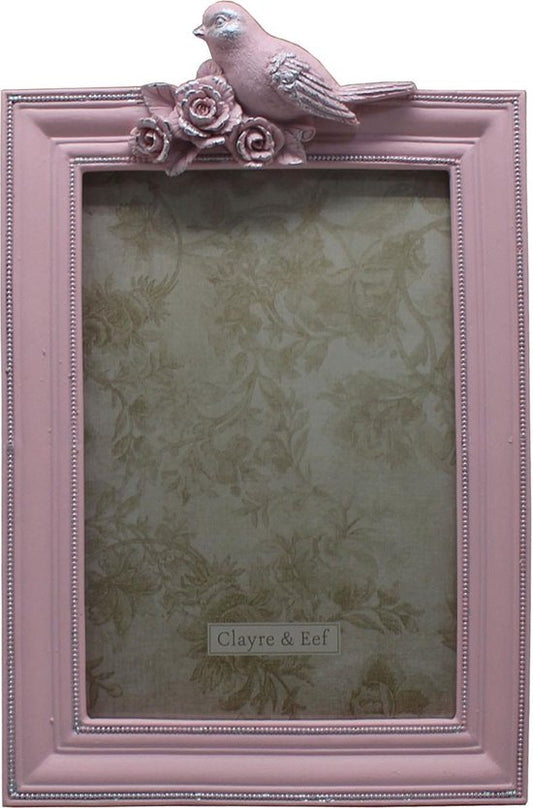 Clayre & Eef Fotolijst 16*3*24 cm / 13*18 cm Roze Kunststof, Glas Rechthoek Vogel op tak Fotokader Wissellijst Foto Frame