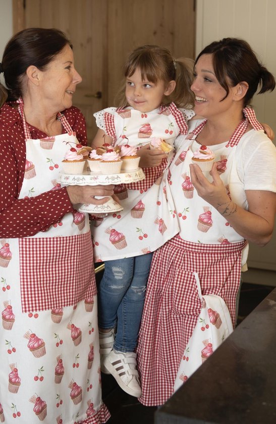 Clayre & Eef Keukenschort 70*85 cm Rood Roze Katoen Cupcakes BBQ Schort Cadeau voor haar Kookschort