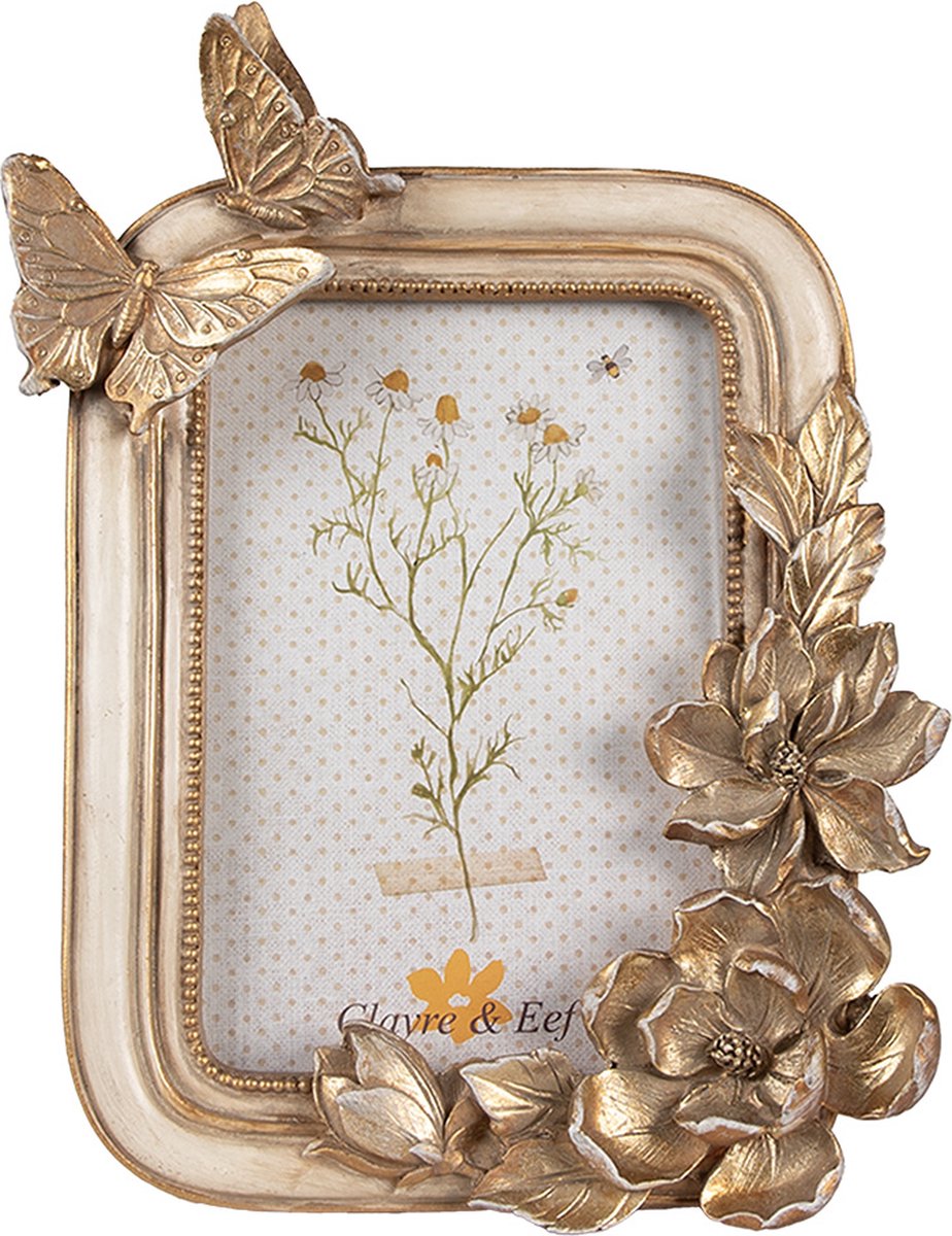 Clayre & Eef Fotolijst 10x15 cm Goudkleurig Kunststof Glas Bloemen Fotokader
