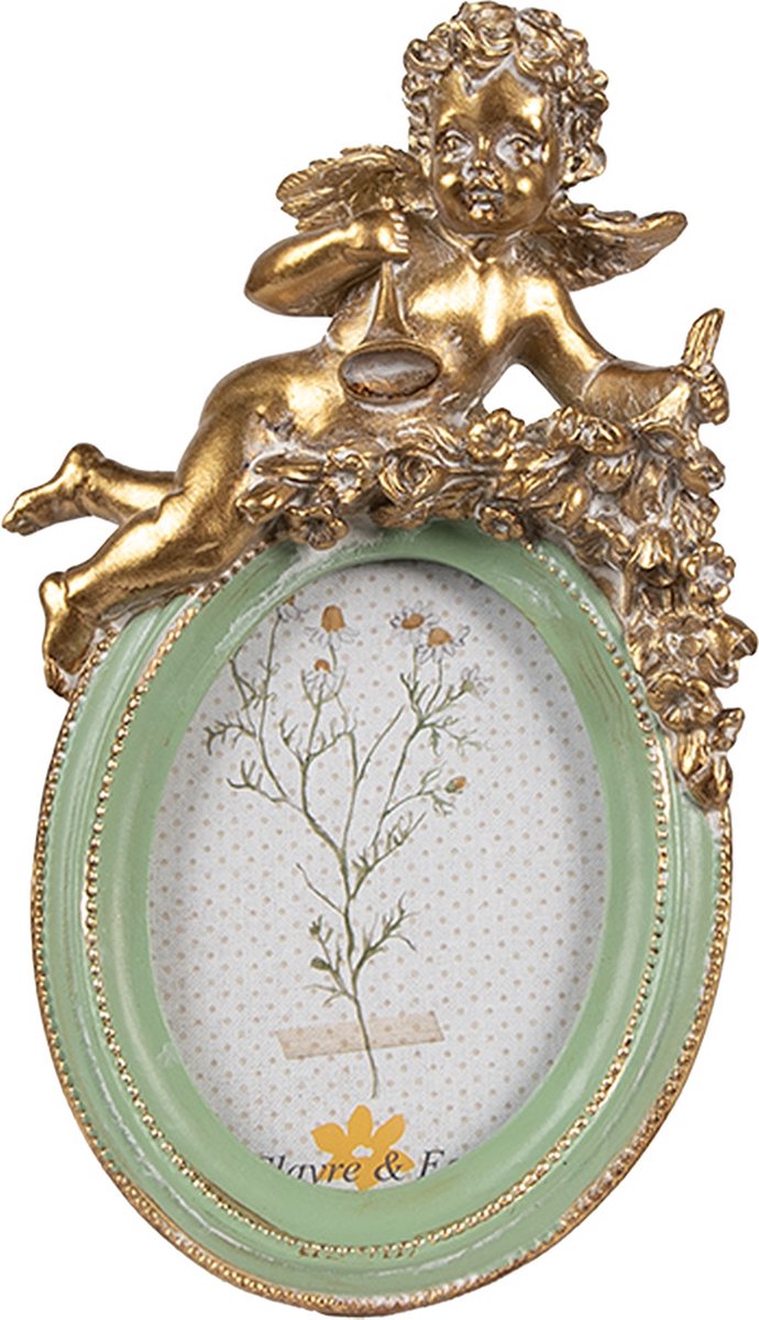 Clayre & Eef Fotolijst 6x9 cm Groen Kunststof Glas Rond Engel Fotokader