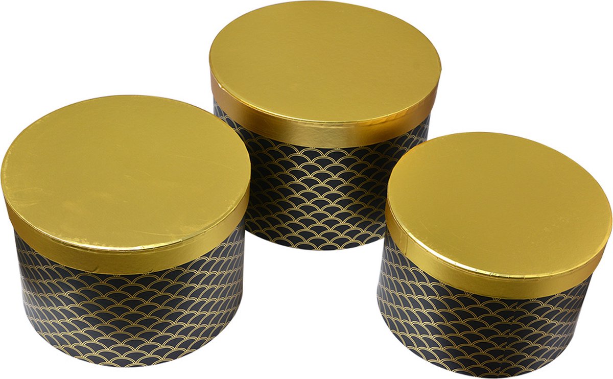 Clayre & Eef Opbergdoos Set van 3 Ø 25x17 / Ø 23x16 / Ø 21x14 cm Goudkleurig Zwart Karton Rond
