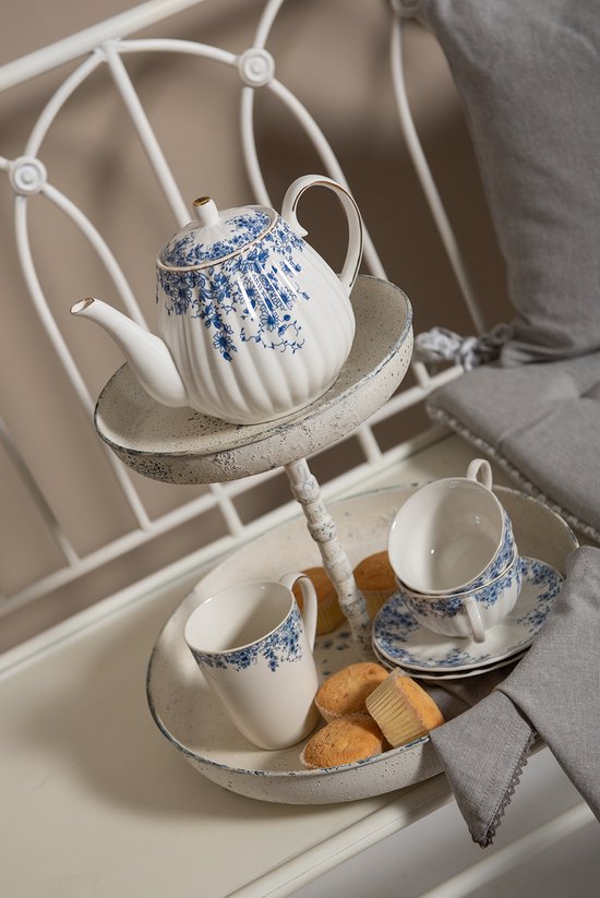 Clayre & Eef Kop en schotel 200 ml Wit Blauw Porselein Bloemen Servies Cadeau voor haar Cappuccino
