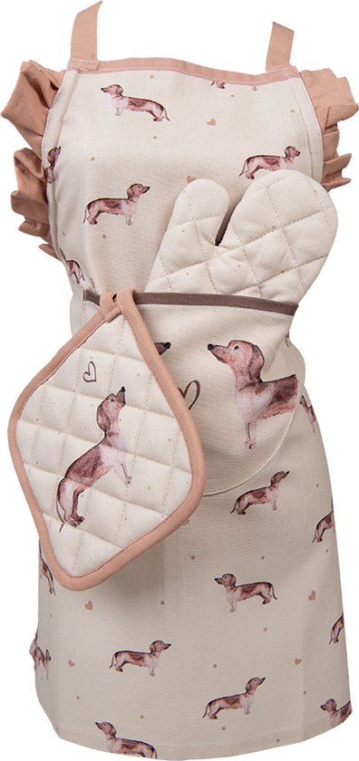 Clayre & Eef Keukenschort Kinderen 48x56 cm Beige Katoen Teckel Kookschort Keukentextiel Moeder dochter