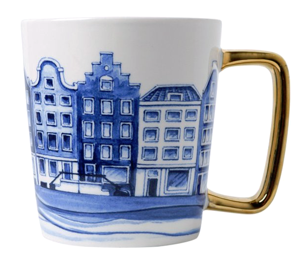 mok grachtenpanden - porselein - Heinen Delfts blauw - wit - blauw - goud