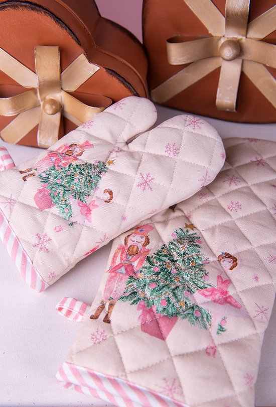 Clayre & Eef Ovenwant 18x30 cm Beige Roze Katoen Notenkraker Ovenhandschoen Cadeau voor haar