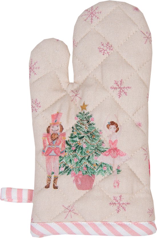 Clayre & Eef Ovenwant 18x30 cm Beige Roze Katoen Notenkraker Ovenhandschoen Cadeau voor haar