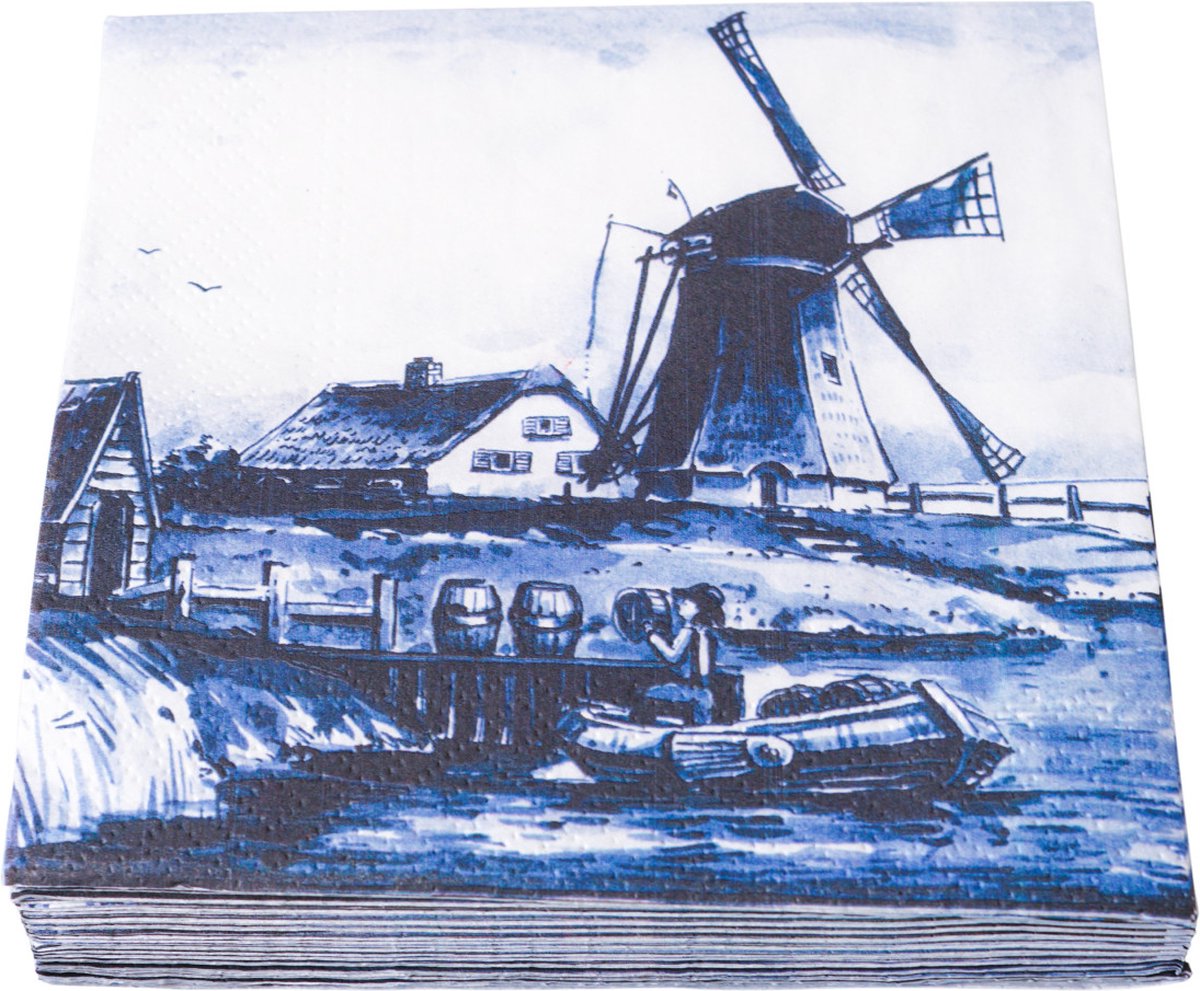 Heinen Delfts Blauw | Servetten | molen | Papier | 17 x 17 cm | Holland | Delfts Blauw | Souvenir