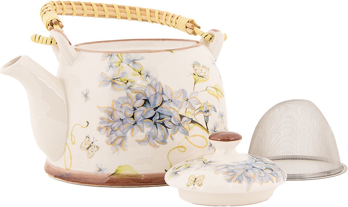 Clayre & Eef Theepot met Filter 800 ml Wit Blauw Keramiek Bloemen