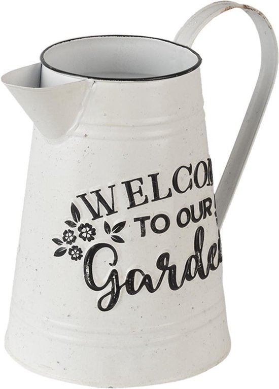 Clayre & Eef Decoratie Kan 17*17*23 cm Wit Metaal Rond Welcome to our garden Decoratieve Waterkan Decoratieve Gieter Tuindecoratie