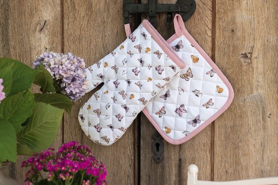 Clayre & Eef Ovenwant 18x30 cm Beige Roze Katoen Vlinders Ovenhandschoen Moederdag cadeau