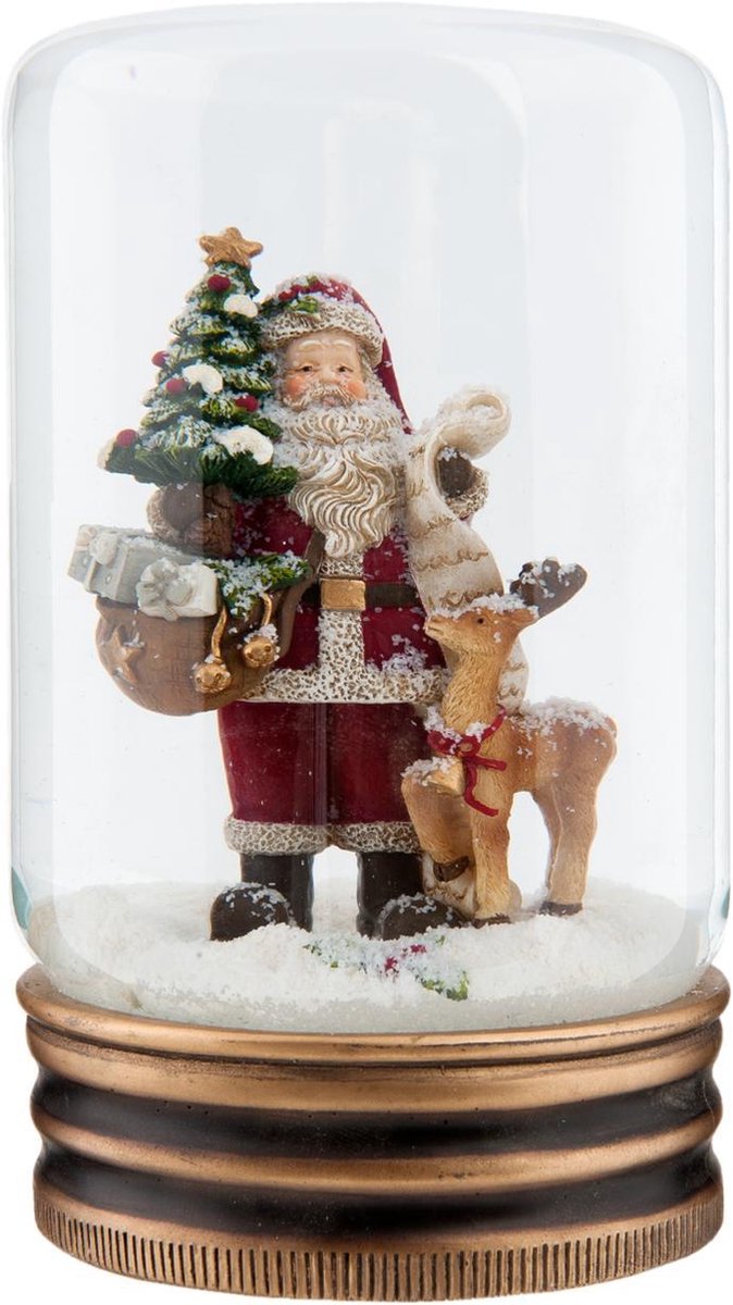 Clayre & Eef Sneeuwbol Kerstman Ø 5x9 cm Rood Glas Rond Snowglobe Kerstdecoratie Kerstversiering