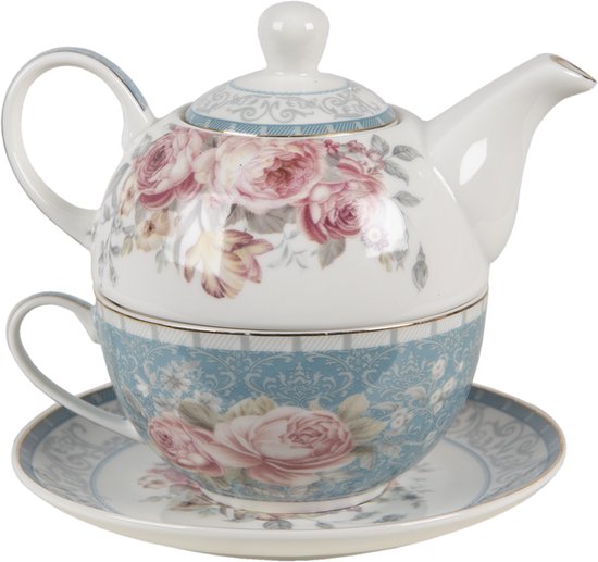 Clayre & Eef Tea for One 16*10*14 cm / 400 ml / 250 ml Blauw Wit Porselein Bloemen Theepot set Cadeau voor haar Theepot met Kopje
