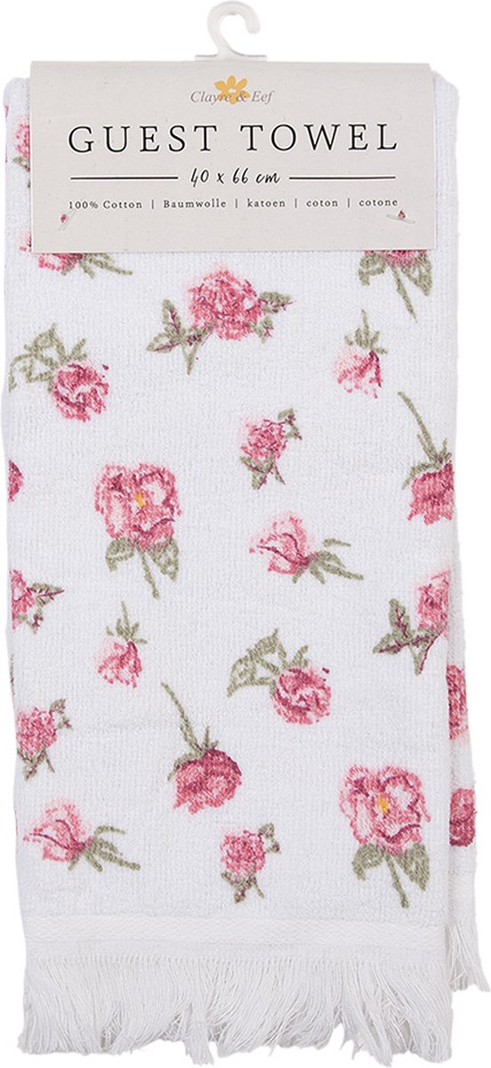 Clayre & Eef Gastendoekje 40x66 cm Wit Roze Katoen Roosjes Toilet Handdoek