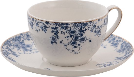 Clayre & Eef Kop en schotel 200 ml Wit Blauw Porselein Bloemen Servies Cadeau voor haar Cappuccino