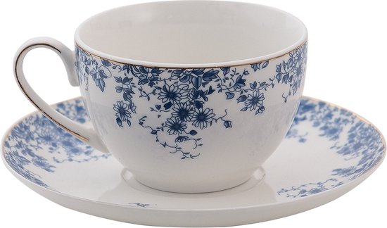 Clayre & Eef Kop en schotel 200 ml Wit Blauw Porselein Bloemen Servies Cadeau voor haar Cappuccino
