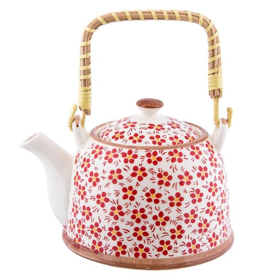 Clayre & Eef Theepot met Filter 18*14*12 cm / 700 ml Rood Keramiek Rond Bloemen Theekan Cadeau voor haar Chinese Theepot