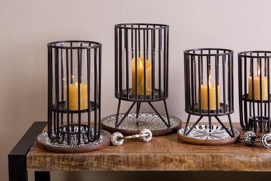 Clayre & Eef Windlicht Ø 14*25 cm Zwart Metaal Rond Kaarsenhouder Sfeerverlichting