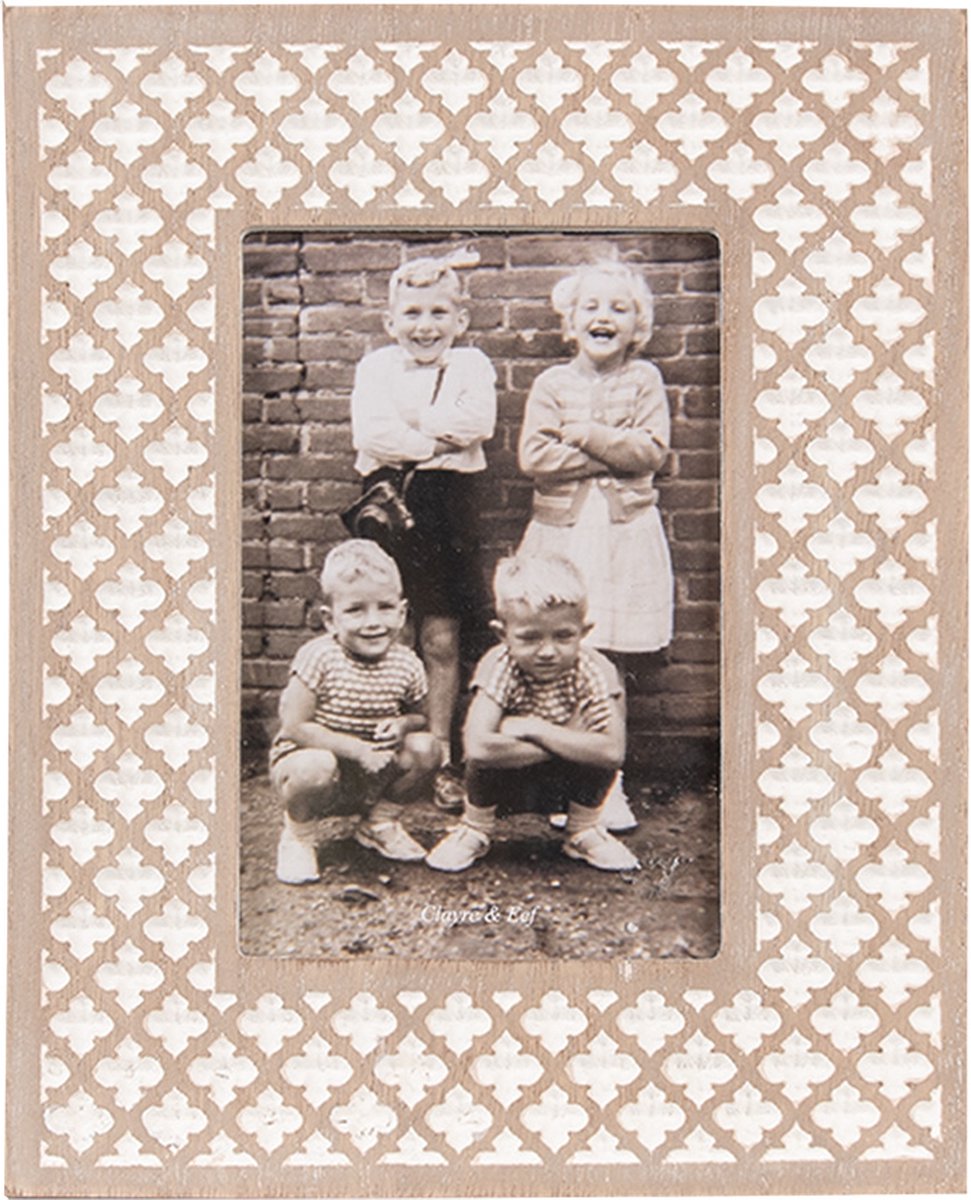 Clayre & Eef Fotolijst 10x15 cm Wit Bruin Hout Glas Rechthoek Fotokader