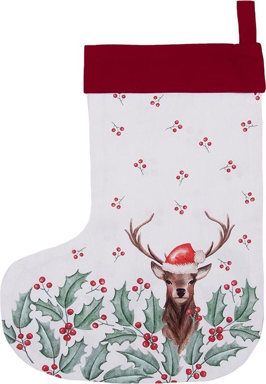 Clayre & Eef Kerstsok Decoratie 30*40 cm Wit Rood 100% Katoen Kerst Kerstsok Hanger