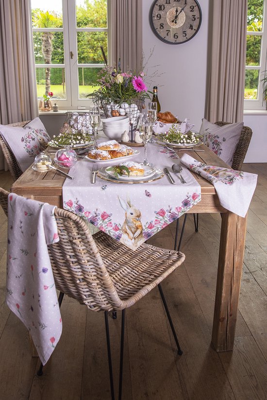Clayre & Eef Broodmand 35*35*8 cm Grijs Beige Katoen Konijn en bloemen Broodmand stof Basket Cadeau keuken