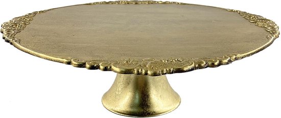 Clayre & Eef Taartplateau op voet Ø 32*10 cm Goudkleurig Kunststof Rond Etagère Serveerschaal