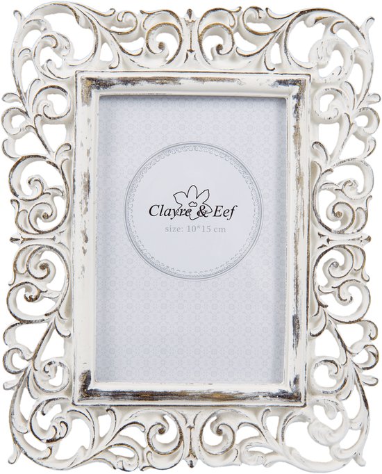 Clayre & Eef Fotolijst 18*2*23 cm / 10*15 cm Wit Kunststof, Glas Rechthoek Krullen Fotokader Wissellijst Foto Frame