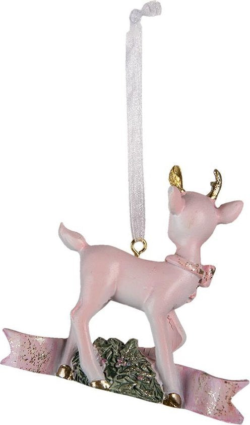 Clayre & Eef Decoratie Hanger Rendier 9*3*9 cm Roze Kunststof Kersthanger Kerstboomversiering