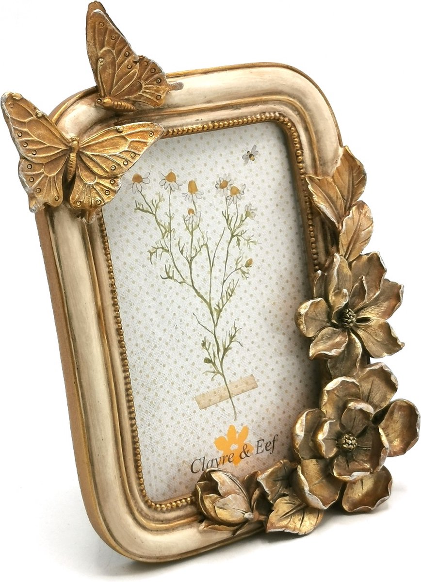Clayre & Eef Fotolijst 10x15 cm Goudkleurig Kunststof Glas Bloemen Fotokader