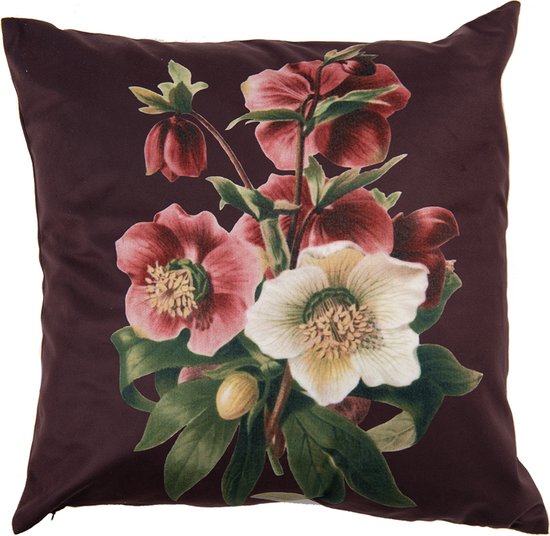 Clayre & Eef Kussenhoes 45*45 cm Bruin Rood Groen Wit Polyester Vierkant Bloemen Sierkussenhoes